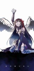 1girl absurdres akemi_homura akuma_homura black_gloves black_hair bow character_name commentary_request elbow_gloves english_text gloves highres long_hair looking_up mahou_shoujo_madoka_magica mahou_shoujo_madoka_magica:_hangyaku_no_monogatari purple_eyes reaching red_bow sad simple_background thighhighs white_background wings yaseinotaso