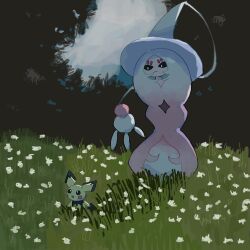  black_eyes black_sclera blue_hair colored_sclera flower grass hat hatterene highres multicolored_hair open_mouth pichu pink_hair pokemon pokemon_(creature) prehensile_hair raidayo_39 tail white_flower witch_hat 