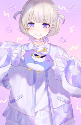  1girl absurdres anger_vein banpen_(todoroki_hajime) blonde_hair blush choker commentary_request ene_teq grin highres hololive hololive_dev_is jacket multicolored_hair purple_choker purple_hair shirt short_hair shorts sleeves_past_wrists smile star_(symbol) streaked_hair todoroki_hajime todoroki_hajime_(1st_costume) two_side_up violet_eyes virtual_youtuber white_jacket white_shirt white_shorts 