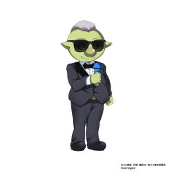  1boy artist_request black_bow black_bowtie black_shoes bow bowtie clenched_hand closed_mouth collared_shirt colored_skin copyright_name copyright_notice fang full_body goblin gobta_(tensura) green_skin grey_hair grey_jacket grey_pants grey_suit highres holding holding_microphone jacket large_nose looking_ahead male_focus microphone official_alternate_costume official_alternate_hairstyle official_art pants shirt shoes short_hair simple_background smile solo standing suit suit_jacket sunglasses tensei_shitara_slime_datta_ken tensei_shitara_slime_datta_ken:_makoku_renpou_souseiki third-party_source white_background white_shirt 