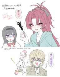 1boy 2girls akemi_homura asakura_takeshi black_hair blonde_hair bow choker commentary_request egobj4 food hair_bow hairband highres jacket kamen_rider kamen_rider_ryuki_(series) kyubey lizard long_hair mahou_shoujo_madoka_magica mahou_shoujo_madoka_magica_(anime) mitakihara_school_uniform multiple_girls ponytail purple_eyes red_eyes red_hair ribbon sakura_kyoko school_uniform shirt smile snake_print