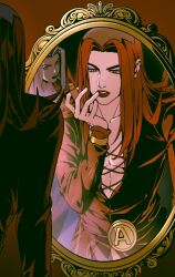  1boy applying_makeup belt_buckle black_lips bracelet brown_hat brown_lips buckle coat commentary cosmetics cross-laced_clothes dual_persona grey_hair hat highres jewelry jojo_no_kimyou_na_bouken leone_abbacchio lipstick lipstick_tube long_hair long_sleeves looking_at_mirror makeup male_focus mirror parrotwashhead pectoral_cleavage pectorals plunging_neckline red_coat red_hair red_lips reflection solo untranslatable_commentary vento_aureo 