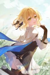  1girl absurdres azur_promilia bing_tang_lan_mei_mei black_boots black_dress black_gloves black_ribbon black_thighhighs blonde_hair boots braid breasts dress flower frilled_dress frills gloves green_eyes hair_between_eyes hair_flower hair_ornament hair_ribbon highres lily_(azur_promilia) looking_at_viewer outdoors ribbon scarf short_hair small_breasts solo thigh-highs v white_dress white_flower white_scarf 