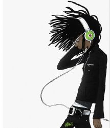  1boy belt black_belt black_hair black_jacket black_pants cropped_jacket d3t dark-skinned_male dark_skin dreadlocks floating_hair from_side headphones highres jacket long_hair long_sleeves male_focus original pants shirt simple_background solo studded_belt studs white-framed_eyewear white_background white_shirt 
