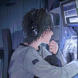  1boy bag bags_under_eyes black_hair black_pants cable can chair closed_mouth crew_neck curtains degrees_of_lewdity from_side green_eyes hand_up hanstrmoft headphones highres indoors knee_up kylar_(degrees_of_lewdity) kylar_(male)_(degrees_of_lewdity) light_frown looking_ahead male_focus messy_hair monitor on_chair pants plastic_bag profile shelf shirt short_hair sidelighting sitting solo upper_body white_shirt window_(computing) 