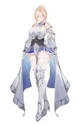  1girl absurdres armor armored_boots bare_shoulders blonde_hair blush boots breasts crossed_legs flantia full_body grey_eyes hair_between_eyes high_heels highres huge_breasts long_hair looking_at_viewer mole mole_under_mouth original parted_lips purple_skirt skirt solo tachi-e thigh-highs vambraces white_thighhighs 