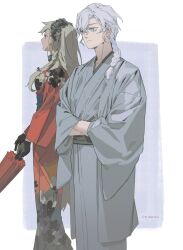  1boy 1girl alternate_costume black_gloves black_hairband black_sash braid bright_pupils closed_mouth commentary_request crossed_arms curtained_hair fate/grand_order fate_(series) father_and_child father_and_daughter floral_print floral_print_kimono frilled_hairband frills gloves grey_background grey_eyes grey_hair grey_kimono hair_between_eyes hair_over_shoulder hairband hands_in_opposite_sleeves highres holding holding_umbrella japanese_clothes kimono korean_commentary long_hair long_sleeves looking_ahead marisbury_animusphere obiage olga_marie_animusphere olga_marie_animusphere_(kyomaf_2026) parent_and_child parted_bangs plm233 print_kimono red_kimono sash side_braid single_braid standing twitter_username two-tone_background umbrella white_background white_pupils wide_sleeves yellow_eyes 