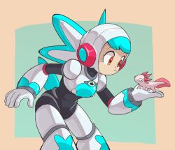  1girl animal aqua_hair axolotl black_bodysuit bodysuit closed_mouth commentary english_commentary feet_out_of_frame gloves green_background helmet highres holding holding_animal leaning_forward looking_at_animal mega_man:_dual_override mega_man_(classic) mega_man_(series) orange_background red_eyes robot_girl simple_background souldroids twinkle_girl two-tone_background white_gloves white_helmet 