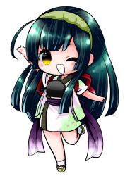  1girl :d ;d absurdres ahoge arm_up brown_sandals chibi chibi_only edomura_niniko full_body green_hair green_hairband green_kimono hairband highres japanese_clothes kimono long_hair obi official_art okobo one_eye_closed open_mouth platform_sandals purple_sash sandals sash second-party_source short_sleeves simple_background smile socks solo standing standing_on_one_leg tabi touhoku_zunko transparent_background very_long_hair voiceroid white_mouth white_socks yellow_eyes 