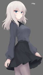  1girl absurdres black_skirt blue_eyes blush breasts feet_out_of_frame girls_und_panzer grey_background grey_hair grey_shirt highres itsumi_erika ivan_(2213432) kuromorimine_school_uniform long_hair looking_at_viewer medium_breasts school_uniform shirt simple_background skirt solo standing 
