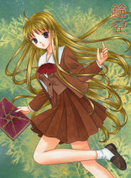  1girl amatsuka_megumi artist_name book bow bowtie brown_eyes brown_hair brown_jacket brown_shoes brown_skirt brown_vest colored_pencil_(medium) foot_out_of_frame green_background holding holding_book jacket loafers long_hair looking_at_viewer open_clothes open_jacket parted_lips red_bow red_bowtie shirt shoes skirt socks solo standing standing_on_one_leg suzumame tenshi_na_konamaiki traditional_media very_long_hair vest white_shirt white_socks 