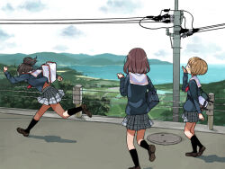  3girls arm_at_side back_peek bag black_socks brown_hair brown_shoes clenched_hands closed_eyes clouds commentary_request day facing_away floating_hair from_behind from_side hand_to_own_mouth hand_up horizon ikeda_keisuke kneehighs loafers long_sleeves manhole manhole_cover median_furrow miniskirt morning mountainous_horizon multiple_girls neckerchief ocean original outdoors plaid_clothes plaid_skirt pleated_skirt ponytail power_lines red_neckerchief road running sailor_collar scenery school_bag school_uniform serafuku shadow shoe_soles shoes short_hair shoulder_bag skirt sky socks street u_u utility_pole walking water white_sailor_collar white_sky winter_uniform yawning 
