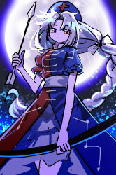  1girl arrow_(projectile) blue_dress blue_hat bow_(weapon) braid closed_mouth commentary_request constellation_print cross cross_print dress e.o. full_moon grey_hair hat highres holding holding_arrow holding_bow_(weapon) holding_weapon long_hair looking_at_viewer moon night nurse_cap print_dress print_hat puffy_short_sleeves puffy_sleeves red_cross red_dress short_sleeves single_braid sketch smile solo touhou two-tone_dress very_long_hair weapon yagokoro_eirin yellow_eyes 