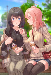  2girls ahoge alternate_costume bag bench between_breasts black_hair black_shirt black_thighhighs blue_eyes blurry blurry_background blush breasts collarbone day denim denim_shorts feeding feet_out_of_frame grey_pants grey_sweater hair_bun hair_ribbon highres holding holding_ice_cream_cone holding_spoon ice_cream_cone jewelry long_hair long_sleeves looking_at_another medium_hair multiple_girls necklace on_bench open_mouth orange_eyes orange_hair outdoors pants park_bench pearl_necklace plaid_clothes plaid_scarf profile red_ribbon ribbon scarf shirt shorts shoulder_bag single_hair_bun single_side_bun sitting spoon strap_between_breasts sweater tekkai_blade thigh-highs yahari_ore_no_seishun_lovecome_wa_machigatteiru. yuigahama_yui yukinoshita_yukino yuri zettai_ryouiki 