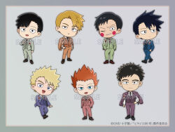  6+boys black_eyes black_hair blonde_hair blue_eyes blue_suit blush_stickers brown_hair chibi chibi_only closed_mouth commentary_request ekubo_(mob_psycho_100) green_suit grey_background grey_suit hanazawa_teruki hand_on_own_hip highres kageyama_ritsu kageyama_shigeo male_focus mob_psycho_100 multiple_boys official_art open_mouth orange_hair orange_suit pale_skin pink_suit purple_suit reigen_arataka sample_watermark serizawa_katsuya shimu_56 short_hair smile spiky_hair suit suzuki_shou v-shaped_eyebrows very_short_hair watermark 
