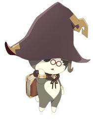 1girl artist_request black_eyes book bracelet brown_hair chibikemo closed_mouth commentary from_side full_body furry furry_female game_asset gold_bracelet grimoire grimoirh_(tales) hand_on_own_cheek hand_on_own_face hand_up hat jewelry looking_to_the_side mini_eyewear normin_(tales) official_art rabbit_tail red-framed_eyewear red_lips simple_background solo standing tachi-e tail tales_of_(series) tales_of_berseria third-party_source transparent_background witch_hat 