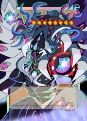  absurdres artist_name ayasumi_(ayaslayer416) card_(medium) card_parody claws duel_monster extra_eyes highres kyoshoku_ikai_jahannam long_head looking_at_viewer monster solo tentacle_hair tongue tongue_out tusks twitter_username wings yu-gi-oh! 