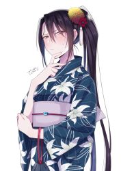  1girl alternate_costume bag black_hair blue_kimono blush brown_eyes closed_mouth commentary_request floral_print flower hair_between_eyes hair_flower hair_ornament japanese_clothes kantai_collection kimono kinchaku long_hair long_sleeves looking_at_viewer nachi_(kancolle) obi ponytail pouch red_flower sash side_ponytail sidelocks signature simple_background solo sweat tassel totto_(naka) very_long_hair white_background wide_sleeves yellow_flower yukata 