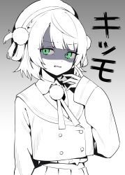  1girl absurdres belt beret buttons collared_shirt commentary cropped_jacket disgust double-breasted gradient_background green_eyes grey_background greyscale hair_ornament hand_up hat highres honi_(honi1010) jacket long_sleeves looking_at_viewer monochrome neck_ribbon one_side_up open_mouth pleated_skirt pom_pom_(clothes) pom_pom_hair_ornament ribbon sailor_collar school_uniform shaded_face shigure_ui_(1st_costume)_(vtuber) shigure_ui_(vtuber) shirt short_hair simple_background skirt sleeves_past_wrists solo spot_color suspenders teeth untranslatable_commentary upper_body virtual_youtuber 