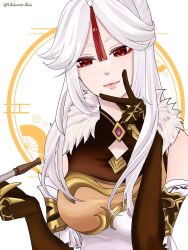  1girl above-cleavage_cutout artist_name bare_shoulders black_eyeshadow black_gloves brooch chinese_clothes claw_ring closed_mouth clothing_cutout commentary detached_sleeves dress elbow_gloves eyeliner eyeshadow fur_collar gem genshin_impact gloves hair_ornament half-closed_eyes highres holding holding_smoking_pipe jewelry kiseru light_smile long_hair looking_at_viewer makeup mandarin_collar narrowed_eyes ningguang_(genshin_impact) parted_bangs pink_lips purple_gem qipao red_eyeliner red_eyes sidelocks smoking_pipe solo tassel tassel_hair_ornament twitter_username untranslatable_commentary upper_body v v_over_mouth wakamiya_neru white_hair white_hari 