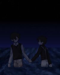  2boys alternate_costume alternate_sleeve_length alternate_universe antenna_hair black_shirt black_sweater_vest blurry blurry_background blush brown_shorts closed_eyes closed_mouth collared_shirt commentary_request double-parted_bangs dual_persona eyepatch hair_between_eyes highres holding_hands long_sleeves looking_at_another male_focus multiple_boys night omori omori_(omori) parted_lips rou_(h_s_sinrin) shirt short_hair shorts smile spoilers sunny_(omori) suspenders sweater_vest wading water white_shirt 