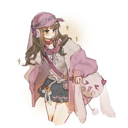  >_< 1girl animal_bag animal_print bag baseball_cap bead_necklace beads blue_skirt blushbunny_(infinity_nikki) bouncy_spirit_(infinity_nikki) bow bowtie brown_eyes brown_hair buckle chinese_commentary choker commentary_request cropped_legs expressionless frilled_skirt frills fur_hood goggles goggles_on_headwear grey-framed_eyewear halftone halftone_background hat headphones headphones_over_headwear heart heart-shaped_eyewear highres hood hood_down hooded_jacket infinity_nikki jacket jewelry kugualv leaning_forward light_blush long_hair long_sleeves looking_to_the_side miniskirt necklace nikki_(series) parted_lips pink_bag pink_choker pink_hat pink_jacket print_shirt puffy_long_sleeves puffy_sleeves rabbit_bag rabbit_print shirt shoulder_bag sidelocks skirt skirt_bow sleeves_past_wrists solo sparkle thighs wavy_hair white_background white_bow white_bowtie white_hood white_shirt yellow_bow 