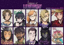  1girl 6+boys ^_^ alex_(degrees_of_lewdity) alex_(male)_(degrees_of_lewdity) artist_name avery_(degrees_of_lewdity) avery_(male)_(degrees_of_lewdity) bandaid bandaid_on_finger bandaid_on_hand beard biting biting_own_finger black-framed_eyewear black_choker black_wolf_(degrees_of_lewdity) black_wolf_(male)_(degrees_of_lewdity) blonde_hair blue_eyes brown_hair brown_jacket brown_necktie character_chart character_name choker cigarette closed_eyes collared_shirt colored_sclera connected_beard copyright_name crew_neck dark-skinned_female dark-skinned_male dark_skin degrees_of_lewdity double-parted_bangs eden_(degrees_of_lewdity) eden_(male)_(degrees_of_lewdity) eyebrow_piercing eyewear_on_head face_piercing facial_hair fang freckles full_beard great_hawk_(degrees_of_lewdity) great_hawk_(male)_(degrees_of_lewdity) green_eyes green_shirt hair_between_eyes hair_slicked_back hand_on_headwear heart heart-shaped_eyewear highres hood hood_down image_sample jacket kylar_(degrees_of_lewdity) kylar_(male)_(degrees_of_lewdity) leather_jumpsuit long_hair looking_at_viewer male_focus mole mole_on_neck mole_under_mouth multiple_boys necktie original parted_bangs piercing pink-tinted_eyewear pixiv_sample plaid_clothes plaid_shirt player_character_(degrees_of_lewdity) player_character_(female)_(degrees_of_lewdity) profile rectangular_eyewear red_eyes red_hair red_shirt robin_(degrees_of_lewdity) robin_(male)_(degrees_of_lewdity) rttnpnkpmpkn scar scar_on_face shirt short_hair side_part simple_background smile sparkling_eyes split_mouth sydney_(degrees_of_lewdity) sydney_(male)_(degrees_of_lewdity) tinted_eyewear trembling very_short_hair whitney_(degrees_of_lewdity) whitney_(male)_(degrees_of_lewdity) wings wolf_boy yellow_eyes yellow_sclera 