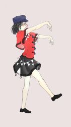  1girl black_eyes black_hair black_shoes black_skirt blue_hat chinese_clothes commentary_request empty_eyes full_body grey_background hat highres jiangshi lace-trimmed_sleeves lace_trim loafers looking_afar miyako_yoshika newsboy_cap ofuda open_mouth outstretched_arms pappi profile red_shirt shirt shoes short_hair short_sleeves simple_background skirt solo tangzhuang touhou walking zombie_pose 