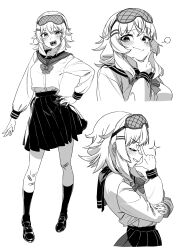  1girl absurdres bandaid bandaid_on_leg commentary_request greyscale gumi highres lo_thaam long_sleeves monochrome school_uniform serafuku short_hair_with_long_locks smile smug vocaloid 