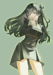  1girl bang_dream! bang_dream!_yumemita black_dress black_hair black_jacket black_skirt breasts commentary_request dress feet_out_of_frame hair_ornament hairclip highres jacket korean_commentary long_hair looking_at_viewer medium_breasts simple_background skirt smile solo standing teeth viola_(bang_dream!) wiss4140 
