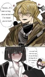  >_< 1boy 1girl a_certain_sinclair_(project_moon) absurdres aged_up animal_on_shoulder bird bird_on_shoulder black_bird black_coat black_gloves black_shirt black_sleeves blonde_hair blunt_bangs blunt_ends blush cigarette coat crying dog_tags dress_shirt embarrassed gloves hands_on_another's_hand heart hetero highres hug jitome limbus_company load-bearing_vest long_hair looking_at_viewer lower_teeth_only nervous_sweating open_clothes open_coat open_mouth pedkung project_moon red_eyes ryoshu_(project_moon) shirt short_hair sinclair_(project_moon) sweat swept_bangs tears teeth trench_coat tsurime turtleneck turtleneck_shirt white_shirt white_sleeves wide-eyed wolf_cut yellow_coat yellow_eyes 
