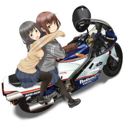  2girls :d black_hair black_pantyhose blue_sailor_collar blue_skirt blush bob_cut breasts brown_eyes brown_hair cardigan closed_mouth commentary_request from_side gloves grey_sweater hair_between_eyes helmet honda hug hug_from_behind jacket loafers logo long_hair long_sleeves looking_at_viewer medium_breasts miniskirt motor_vehicle motorcycle motorcycle_helmet multiple_girls on_motorcycle open_mouth original pantyhose pleated_skirt retsumaru riding sailor_collar school_uniform serafuku shadow shoes short_hair simple_background sitting skirt sleeves_past_wrists smile sweater unworn_gloves unworn_headwear unworn_helmet white_background yuri 