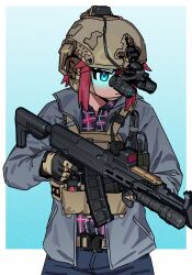  1girl absurdres assault_rifle belt blue_background blue_eyes blue_pants border closed_mouth combat_helmet cowboy_shot gloves gradient_background grey_jacket gun helmet highres holding holding_weapon jacket night_vision_device original pants pilot_webber plaid_clothes plaid_shirt red_hair rifle shirt short_hair simple_background solo tactical_gloves weapon weapon_request white_border 