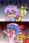 &gt;_&lt; 4girls :d :t ^_^ arms_up ascot bat_wings blonde_hair blue_hair blush blush_stickers bow brooch chibi choke_hold closed_eyes dress eyes_closed fang feiton flandre_scarlet glomp gradient gradient_background hairband hat hat_bow hat_ribbon heart heart_of_string hug jewelry komeiji_koishi komeiji_satori long_sleeves multiple_girls o_o open_mouth outstretched_arms pink_dress purple_hair red_dress remilia_scarlet ribbon shaded_face shirt short_hair short_sleeves siblings side_ponytail silver_hair simple_background sisters skirt smile strangling sun_hat surprised sweat sweeat tackle tapping third_eye touhou wavy_mouth wide_sleeves wings xd 