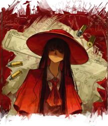  absurdres alucard_(hellsing) ambiguous_gender ascot bad_source black_hair black_suit blunt_bangs bullet buttons closed_mouth coat collared_shirt cowboy_hat crossdressing crossdressing_(ftm) eyebrows_hidden_by_hair eyes_in_shadow frills genderswap genderswap_(mtf) girlycard gun handgun hat hellsing hellsing:_the_dawn highres hime_cut jackal_(hellsing) light_frown long_hair long_neck long_sidelocks looking_at_viewer looking_down magic_circle necktie nostrils overcoat pentagram red_eyes red_hat red_necktie red_vest robarts_15 runes shaded_face shirt shoulder_pads sidelocks star_(symbol) suit vest weapon wide_brim 