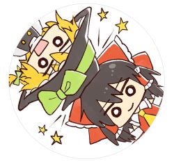  2girls :d ascot black_hair black_hat black_vest blonde_hair bow braid buttons chibi chibi_only circle commentary_request cyu_ta frilled_bow frilled_hair_tubes frills hair_tubes hakurei_reimu hat kirisame_marisa multiple_girls open_mouth red_bow red_shirt shirt single_braided_sidelock smile star_(symbol) touhou transparent_background vest white_shirt witch_hat yellow_ascot 