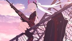  1girl ^_^ bag black_bag black_scrunchie black_shirt blue_archive blue_sky blush boots chain-link_fence closed_eyes clouds cloudy_sky commentary_request evening facing_viewer fence floating_hair frilled_skirt frills grin gun h&amp;k_mg5 hair_ornament hair_ribbon hair_scrunchie halo high-waist_skirt holding holding_gun holding_weapon honi_(honi1010) letterboxed light_machine_gun long_hair machine_gun mutsuki_(blue_archive) open_mouth outdoors pink_sky plaid_clothes plaid_skirt pointy_ears red_skirt ribbon scrunchie shirt shoes short_sleeves side_ponytail sitting skirt sky smile solo sunset very_long_hair weapon white_hair 