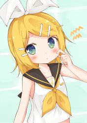  1girl :t absurdres black_sailor_collar blonde_hair bow breasts cheek_pinching closed_mouth green_eyes hair_bow hair_ornament hairclip highres kagamine_rin looking_at_viewer mizushi_sora neckerchief parallel_hairclips pinching pinching_own_cheek sailor_collar shirt short_hair sleeveless sleeveless_shirt small_breasts treble_clef upper_body vocaloid white_bow white_shirt yellow_neckerchief yellow_trim 