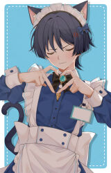  1boy absurdres alternate_costume anemo_symbol_(genshin_impact) anger_vein animal_ear_fluff animal_ears annoyed apron bishounen black_bow black_bowtie blue_background blue_bow blue_gem blue_shirt blue_sleeves blue_trim blunt_ends blush border bow bowtie brooch cat_boy cat_ears cat_tail choppy_bangs collared_shirt commentary_request contemporary contrast_collar crossdressing crossdressing_(mtf) embarrassed enmaided facing_viewer feathers fingernails four-finger_heart_hands frilled_apron frills gem genshin_impact gold hair_bow hands_up heart heart_hands highres jewelry juliet_sleeves long_sleeves maid maid_headdress male_focus male_maid nervous_sweating parted_lips pom_pom_(clothes) puffy_sleeves saekiya_sabou scaramouche_(genshin_impact) shirt solo sweat tail variant_set vision_(genshin_impact) waist_apron wavy_mouth white_border wolf_cut yellow_feathers 