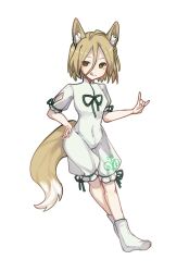  1girl :q ;q animal_ear_fluff animal_ears blonde_hair breasts bright_pupils commentary covered_navel crossed_ankles dot_nose fox_ears fox_girl fox_shadow_puppet fox_tail full_body fuyo_qwerty green_ribbon hair_between_eyes hand_on_own_hip hand_up highres kudamaki_tsukasa long_hair_between_eyes looking_at_viewer one_eye_closed ribbon romper short_hair short_sleeves simple_background sleeve_ribbon small_breasts smile socks solo tail tongue tongue_out touhou untranslatable_commentary white_background white_pupils white_romper white_socks yellow_eyes 