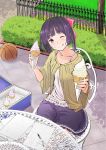 ;q basketball chair food food_on_face highres ice_cream ice_cream_cone looking_at_viewer original purple_eyes purple_hair sitting solo tongue violet_eyes wink yoropa 