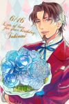  birthday blue_eyes blue_rose bouquet brown_hair facial_hair fate/zero fate_(series) flower formal goatee k29 male ribbon rose solo suit tohsaka_tokiomi toosaka_tokiomi 