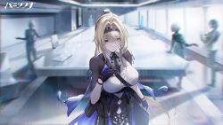  absurdres bianca:_veritas_(pgr) bianca_(pgr) black_hairband black_ribbon blonde_hair breasts diagonal-striped_clothes diagonal-striped_necktie gloves hair_between_eyes hairband hand_on_own_chest highres large_breasts long_hair looking_at_viewer mole mole_under_eye neck_ribbon necktie official_art partially_fingerless_gloves punishing:_gray_raven ribbon second-party_source striped_clothes striped_necktie very_long_hair yellow_eyes 