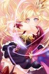  bangs blonde_hair blue_eyes blunt_bangs boots detached_sleeves expressionless frilled_skirt glowing long_hair lowres multicolored_eyes open_mouth outstretched_arm outstretched_hand pink_eyes pleated_skirt reum skirt sword_girls 