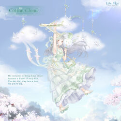  1girl :o aircraft airplane animal anklet armpits artist_request bag bare_arms bare_shoulders bird bird_hat_ornament blue_sky blunt_bangs brown_eyes character_name cherry_blossoms clothes_writing clouds copyright_logo cotton_candy cotton_cloud_(miracle_nikki) curious day dot_nose dove dress english_text floating floating_hair flower food frilled_dress frilled_footwear frills full_body green_bag green_dress green_hat green_ribbon green_shoes grey_hair handbag hat hat_ribbon high_heels highres holding holding_cotton_candy holding_food jewelry light_blush logo long_dress long_hair miracle_nikki mountain nikki_(series) official_art outdoors parted_lips pink_flower plaid_clothes plaid_dress rainbow ribbon shoes sky sleeveless sleeveless_dress solo spring_(season) sun_hat third-party_source tree very_long_hair wavy_hair 