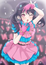  1girl a5hio absurdres alternate_costume brown_eyes dress feet_out_of_frame futaba_tsukushi gloves highres long_hair looking_at_viewer one_eye_closed open_mouth oshi_no_ko pink_gloves purple_hair solo standing star_(symbol) star_in_eye symbol_in_eye twintails 