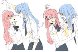  2girls anger_vein black_bow black_necktie black_skirt blue_hair bolide_4_comet bow collared_shirt commentary_request covering_another's_mouth eye_contact green_eyes highres hololive hoshimachi_suisei kabedon korean_commentary long_hair looking_at_another multiple_girls necktie parted_lips pink_hair pleated_skirt sakura_miko school_uniform shaded_face shirt simple_background skirt white_background white_shirt yuri 