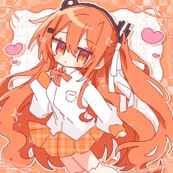  1girl a.i._voice adachi_rei alternate_costume alternate_hair_length_(longer) breast_pocket cowboy_shot ganbaritaina_07 hair_ribbon heart highres long_hair long_sleeves looking_at_viewer miniskirt neck_ribbon orange_eyes orange_hair orange_skirt plaid_clothes plaid_skirt pocket ribbon shirt skirt solo unmoving_pattern utau very_long_hair white_shirt 