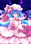  anna_(artist) bat_wings blue_hair blue_rose bouquet bow cloud clouds dress eclipse embellished_costume flower hat hat_bow hat_flower long_sleeves looking_at_viewer night pink_dress red_eyes red_rose remilia_scarlet rose short_hair sky solar_eclipse solo touhou wide_sleeves wings 