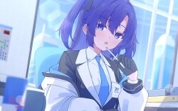  1girl absurdres aot. black_gloves black_jacket blue_archive blue_eyes blue_necktie blush building calendar_(object) chair collared_shirt commentary gloves hair_between_eyes highres holding holding_pen jacket jacket_partially_removed lanyard long_hair long_sleeves looking_at_viewer millennium_science_school_logo necktie open_mouth pen shirt sidelocks skyscraper solo twintails two_side_up white_jacket white_shirt window yuuka_(blue_archive) 